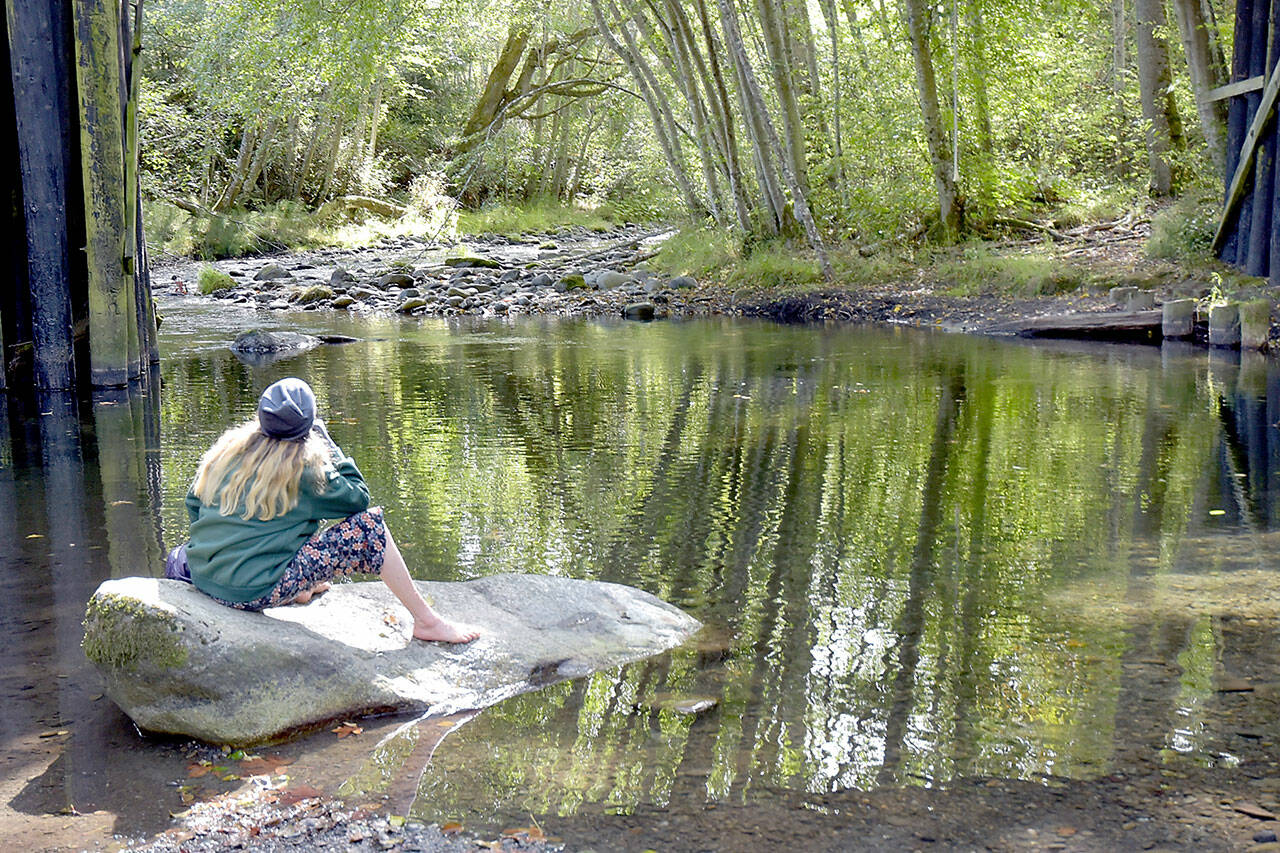 Laura Lee Wadsworth of Sequim looks out on Morse Creek near the Olympic Discovery Trail east of Port Angeles on Tuesday. Wadsworth said the creek is a peaceful place to enjoy a late-summer day. (Keith Thorpe/Peninsula Daily News)