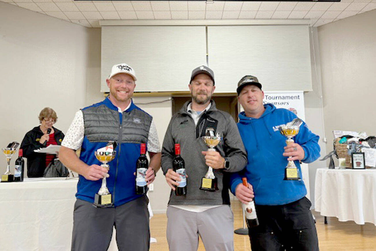 The winning team of Sequim Elks Lodge 2642's Tall Elks Therapy Golf Tournament held at Sunland Golf Club is Mike Madison, Chris Thaens, Luke Bugge and Danny Romero (not pictured).