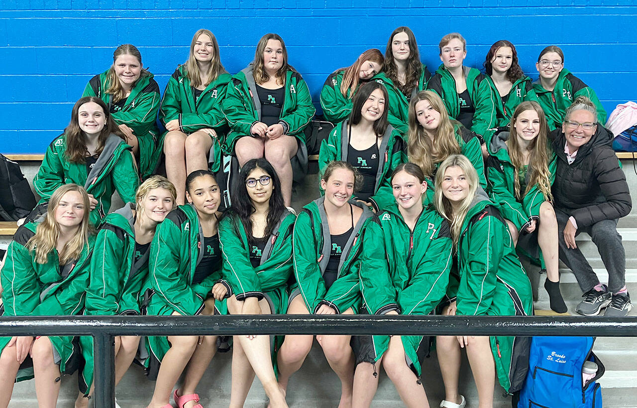 The Port Angeles girls swim and dive team competed at the Olympic League Jamboree on Wednesday. Top row from left, Lilly Mahaney, Grace Kathol, Grace Williams, Ana Kay-Sanders, Sally Kasten, Dorothy Fetterman, Charlie Logue, Mallory Hartman; middle row: Lucy Townsend, Danika Asgeirsson, Amayah Nelson, Chloe Kay-Sanders, coach Sally Cole and bottom, Mia Francis, Bella Sains, Shavari Epps, Damun Seera, Lizzy Shaw, Lynzee Reid and Brooke St. Luise.