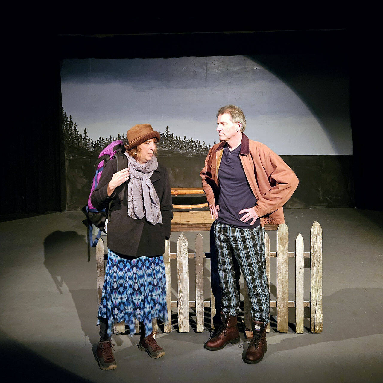 Rebecca Gilbert, left, and Rick Mischke, both of Port Angeles, at a recent rehearsal of a scene from the play “Almost, Maine.”