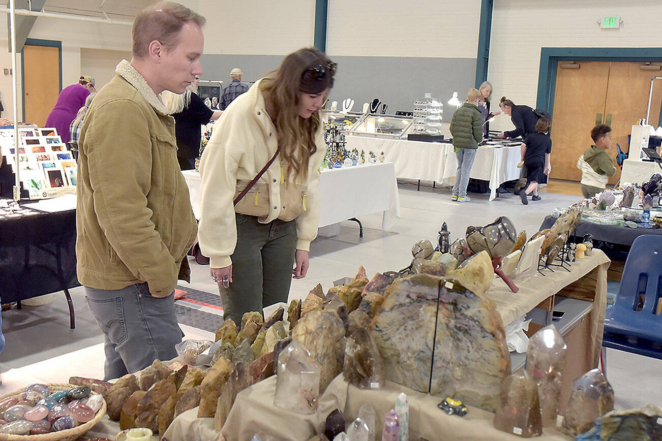 Jason Eason, left, and Amanda Krott, both of Bremerton, examine a collection of rocks and minerals on display by Rockin’ the Castle of Lebanon, Ore., during Saturday’s Gem, Rock and Jewelry Show at Vern Burton Community Center in Port Angeles. The show, hosted by the Clallam County Gem and Mineral Association, featured a wide variety of exhibits as well as an area devoted to children’s activities. (Keith Thorpe/Peninsula Daily News)