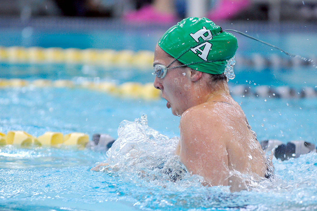 Michael Dashiell/Olympic Peninsula News Group
Port Angeles' Elizabeth Shaw swims the 100-yard breast stroke during an Olympic League swim meet with Sequim on Wednesday at the YMCA of Sequim.