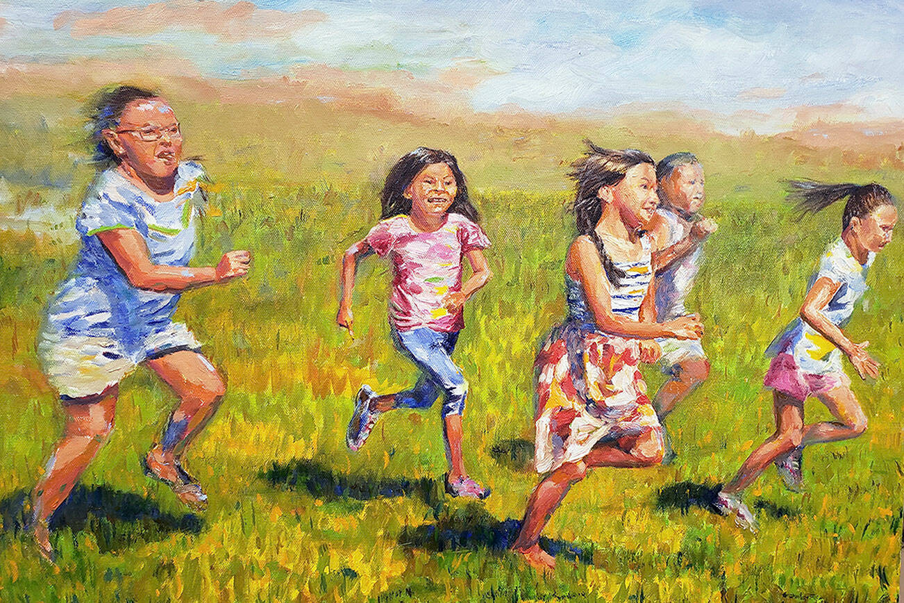 “Foot Race,” oil on canvas by Hattie Kauffman, part of “To Move, Focus on Movement or Motion,” is on display at the Sequim Civic Center through Jan. 21.