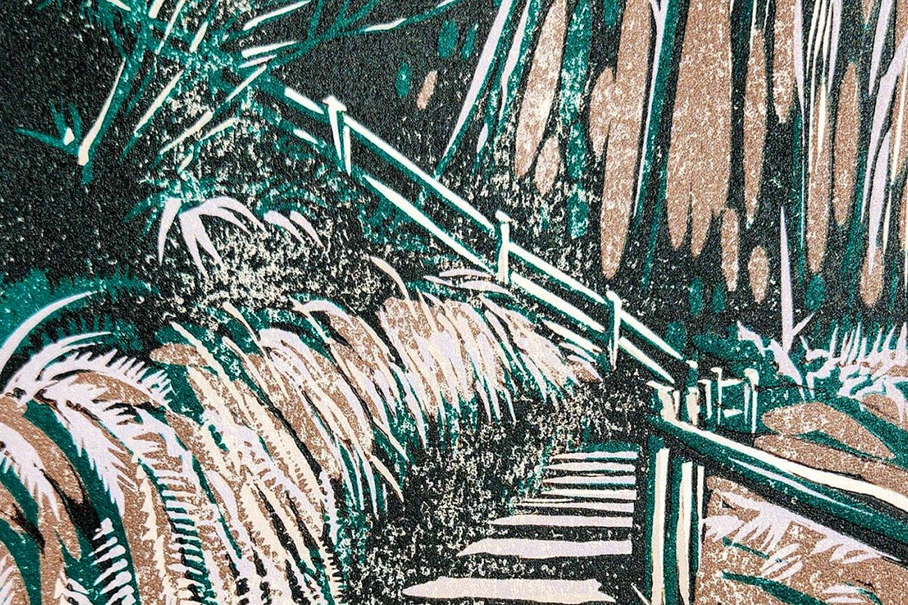 “One step at a time,” a linocut reduction print by Nathan Shields, will be on exhibit at Harbor Art Gallery this weekend.