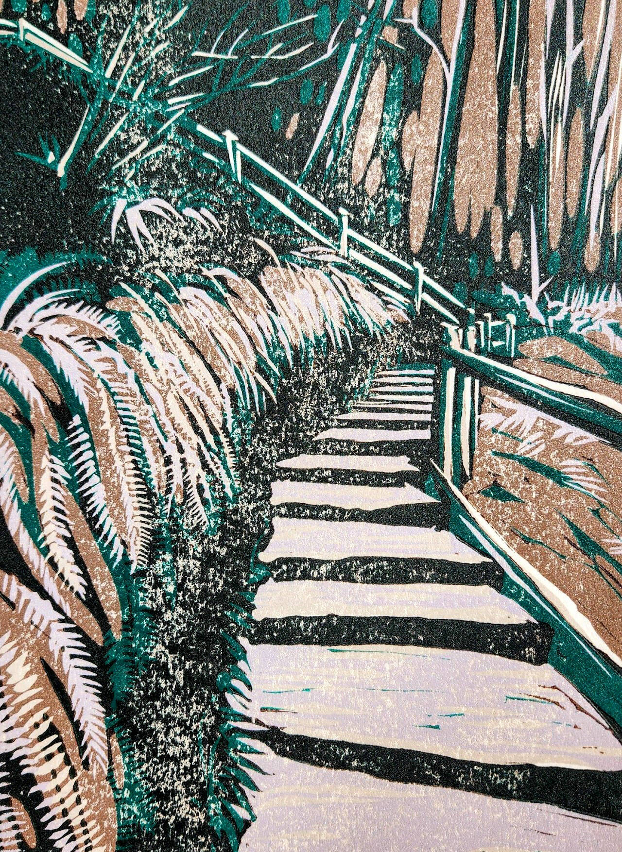 “One step at a time,” a linocut reduction print by Nathan Shields, will be on exhibit at Harbor Art Gallery this weekend.