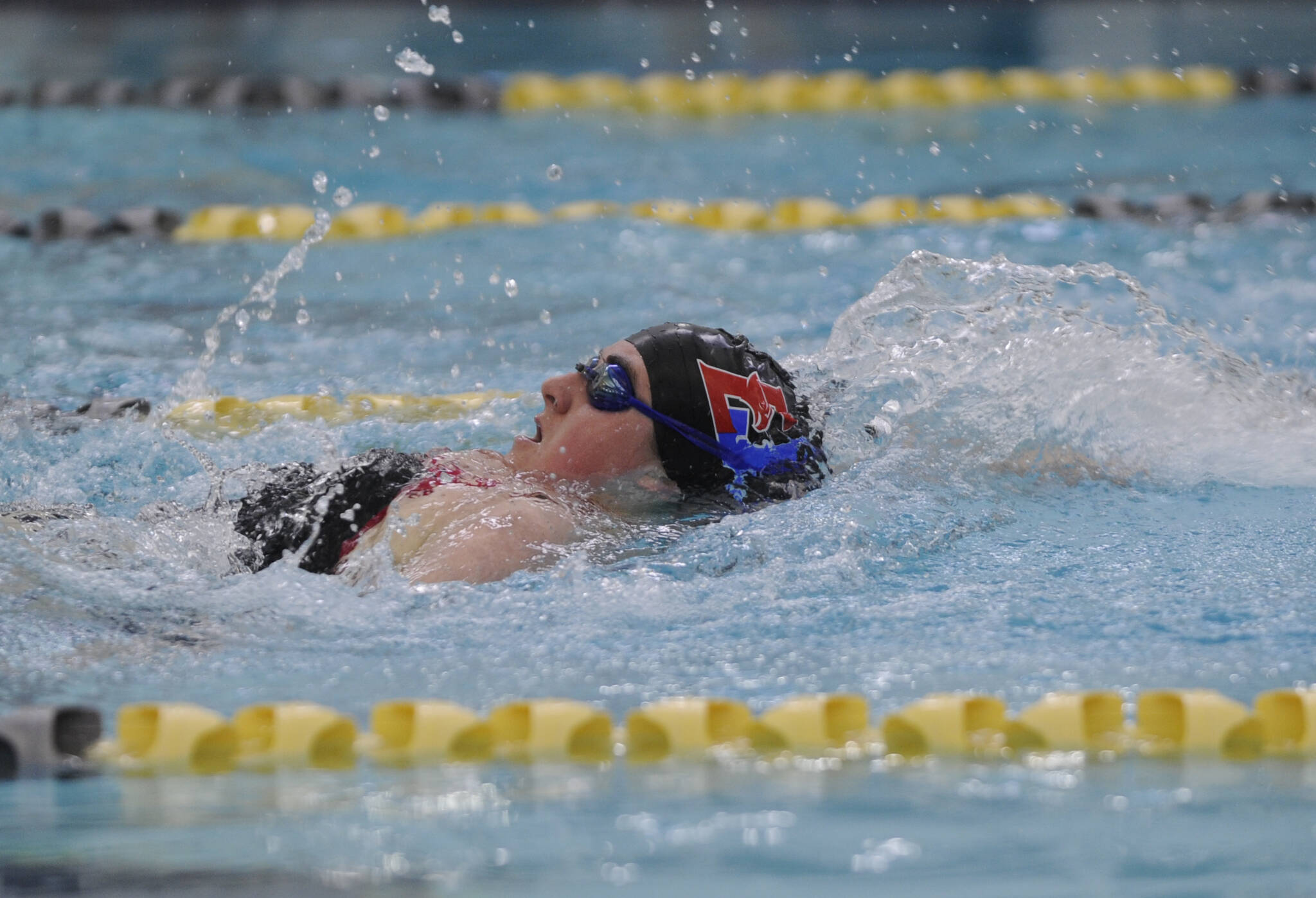 Michael Dashiell/Olympic Peninsula News Group East Jefferson’s Serena Hanby-Perless swims the 200-yard medley relay during a swim meet with Sequim on Wednesday at the Sequim YMCA.