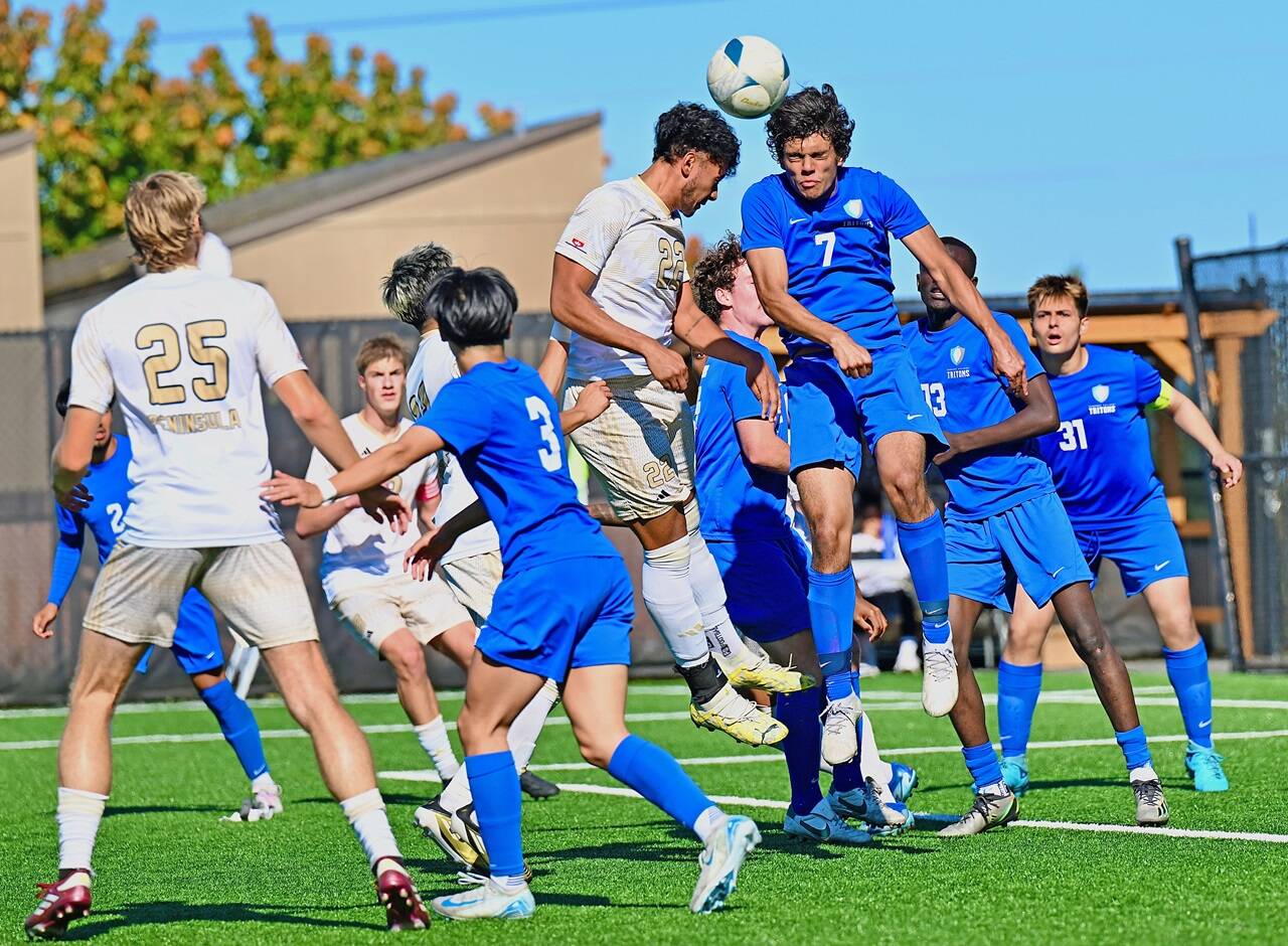 Peninsula College’s Jem Ndja goes up for a header in a game Saturday at Wally Sigmar Field against Edmonds College. Peninsula won 7-0. (Jay Cline/Peninsula College)