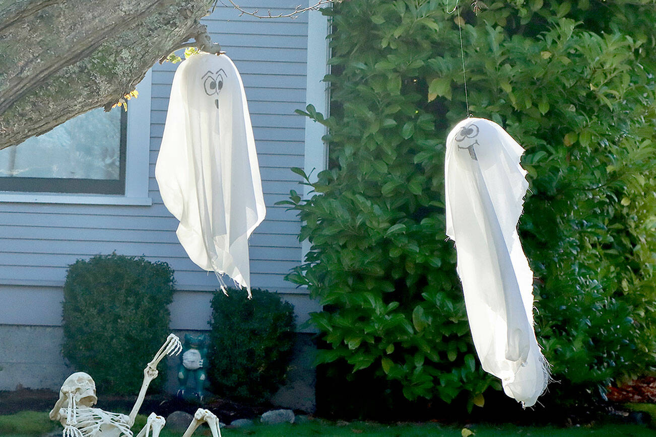 Two ghosts dangle from a tree in the breeze in the 200 block of West 10th street in Port Angeles. Halloween events are scheduled today throughout the North Olympic Peninsula. (Dave Logan/for Peninsula Daily News)