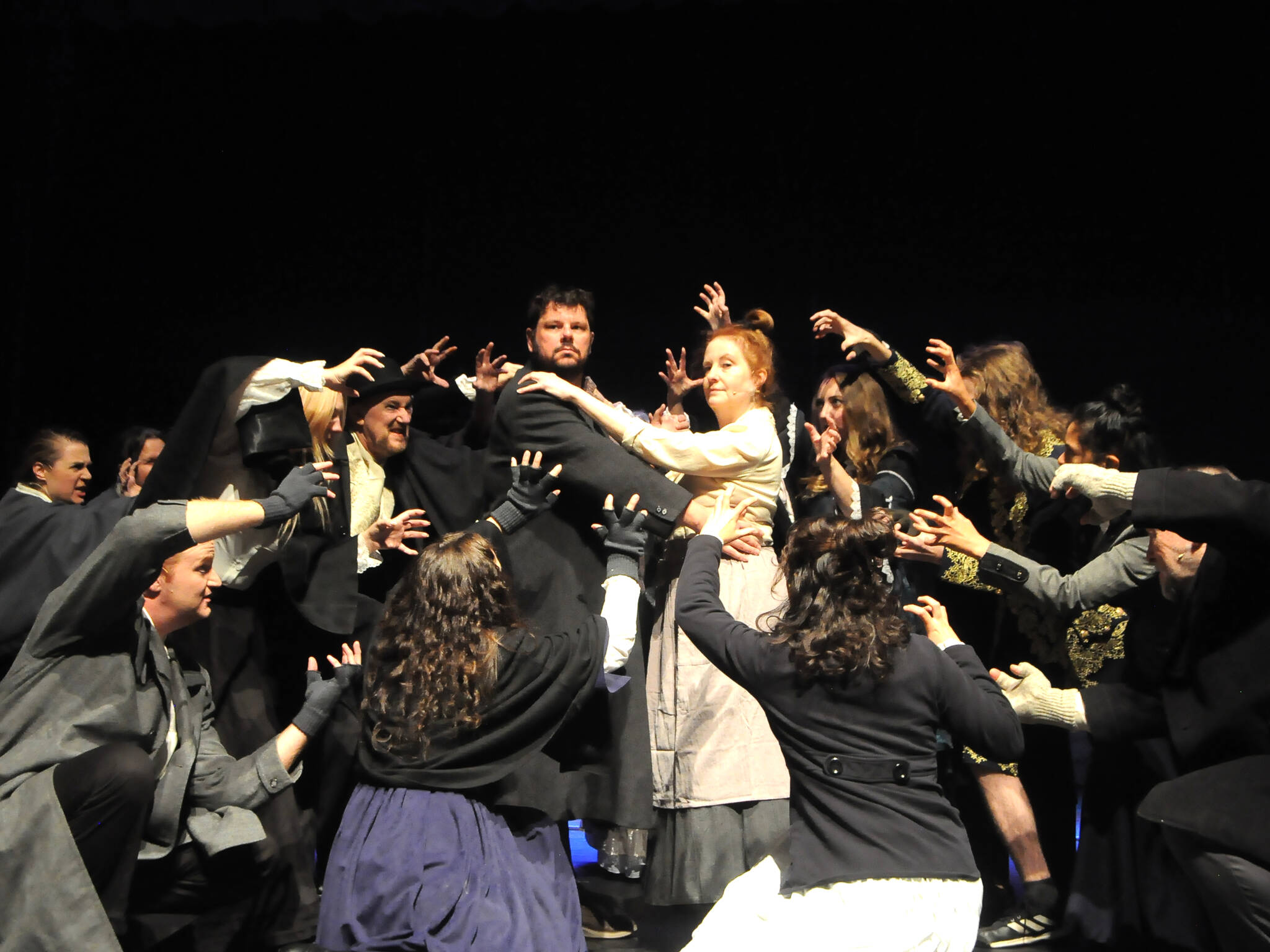 Kyle Bartholick-LeMaire (Sweeney Todd) and Angela Poynter (Mrs. Lovett) join the company for “The Ballad of Sweeney Todd” at a rehearsal for “Sweeney Todd.” The show runs through Saturday at Sequim High School. (Matthew Nash/Olympic Peninsula News Group)