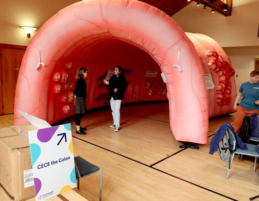 Lisa Bridge of Sequim is given a tour by Cithlali Chavez of Fred Hutch Cancer Center inside the giant inflatable colon discussing colon health on Wednesday at the Port Angeles Senior Center’s health and wellness fair. Representatives from Olympic Medical Center, Jamestown Family Health Clinic, North Olympic Healthcare, Clallam County Health and Human Services, Elwha Klallam Tribe and Peninsula Behavior Health were present to answer questions. (Dave Logan/for Peninsula Daily News)