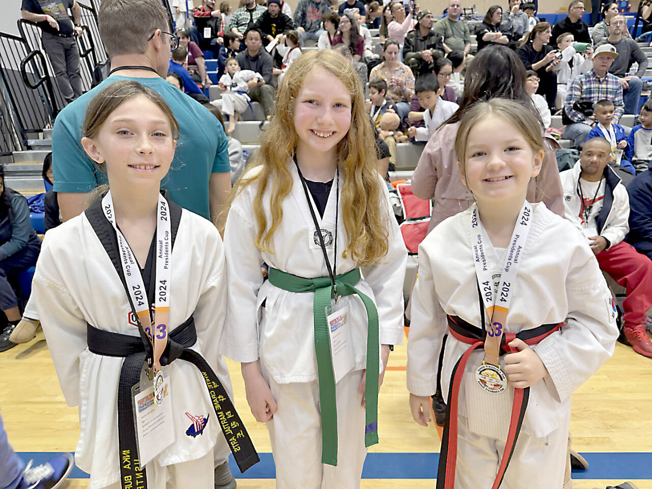 White Crane Martial Arts ' Inka Burke, Zae Kasten and Maisie Chistison all won medals this weekend at the Washington State Taekwondo Master’s Union President’s Cup tournament in Federal Way. (White Crane Martial Arts)