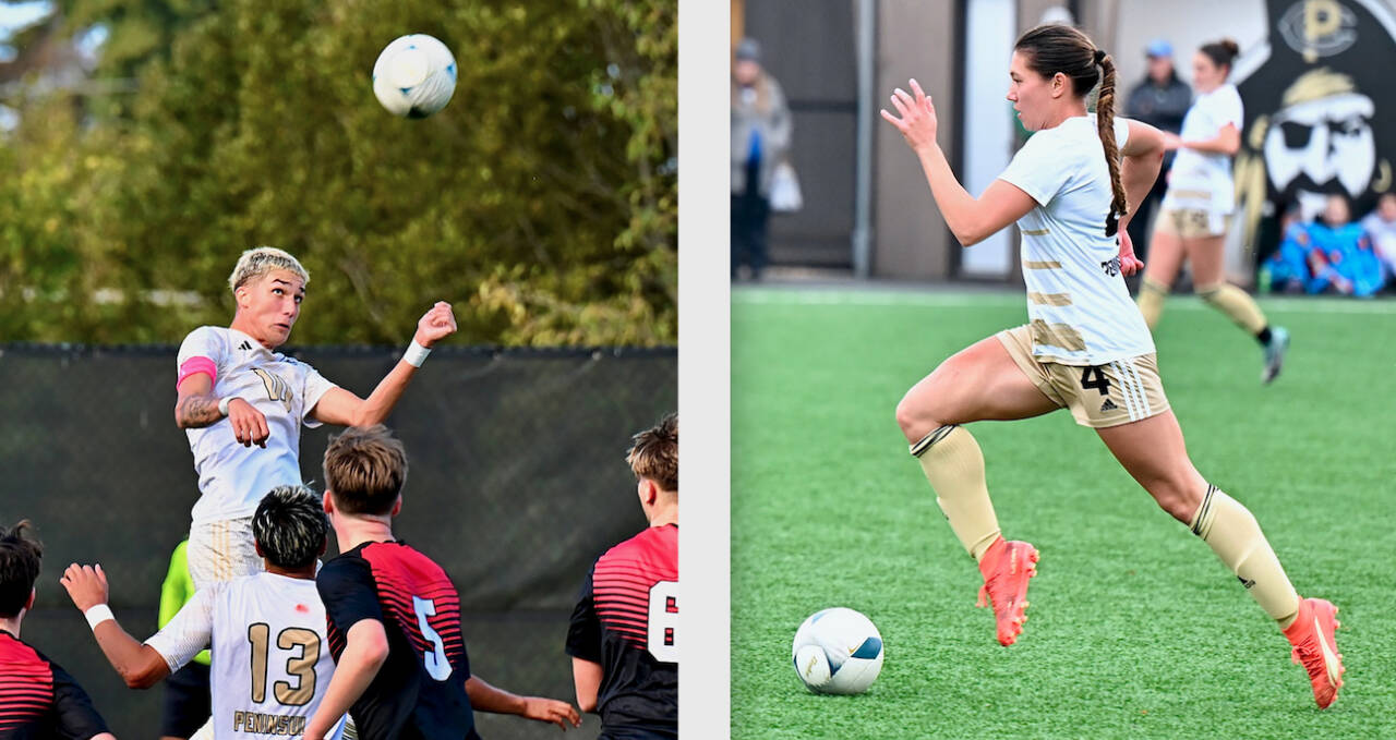 Left, Peninsula College's Nil Grau was named the North Region MVP for the second straight year. Grau led all of the NWAC with 47 points this season. Right, Peninsula College's Shawna Larson was named the North Region MVP. Larson led the NWAC with 34 points this season and it is her second straight season of making the all-North first team.(Jay Cline/Peninsula College)