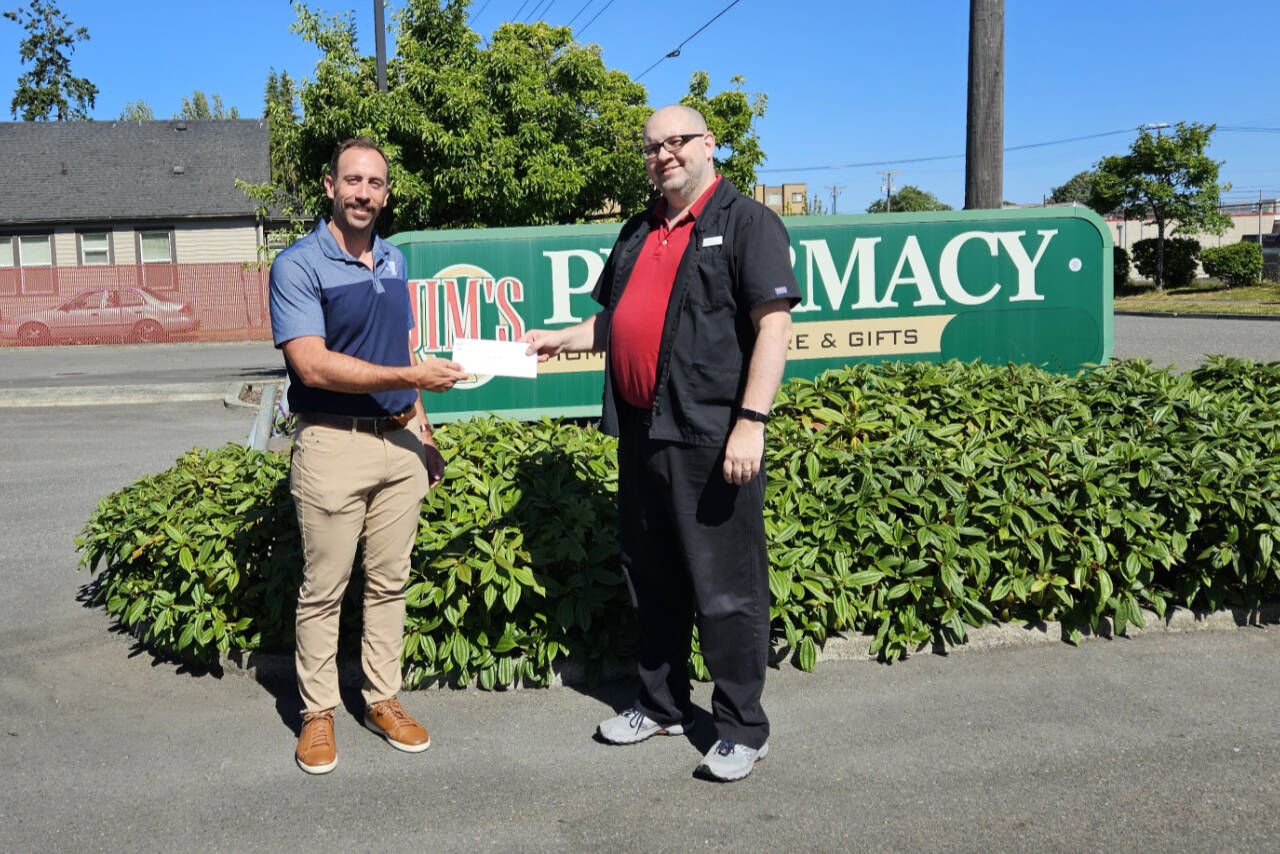 The YMCA of Port Angeles was May recipient of Jim’s Cares Monthly Charity at Jim’s Pharmacy in Port Angeles.
Staff and customers raised more than $593 to support the YMCA.
Pictured, from left, are Joey Belanger, the YMCA’s vice president for operations, and Ryan French, the chief financial officer at Jim’s Pharmacy.