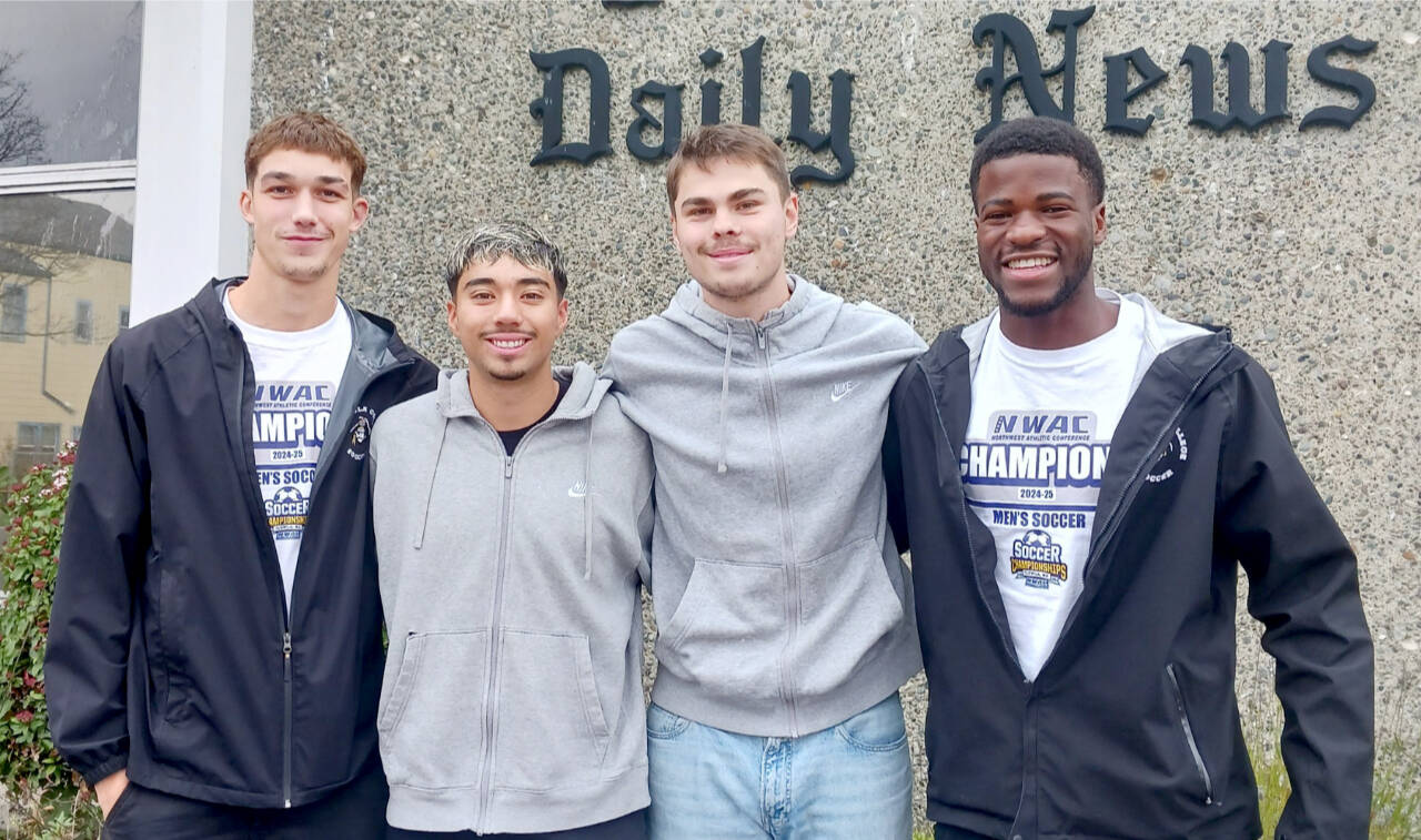 From left, Peninsula College men's soccer players Nil Grau, Ezrah Ochoa, Laurin Lettow and Jeremie Kuelo helped the Pirates win back-to-back championships this season. (Pierre LaBossiere/Peninsula Daily News)