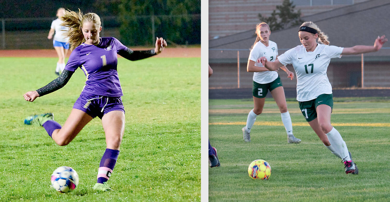 Sequim’s Kalli Grove, left, and Port Angeles’ Ava-Anne Sheahan, both made the first All-Olympic girls soccer team. (Photos by Michael James and Michael Dashiell)