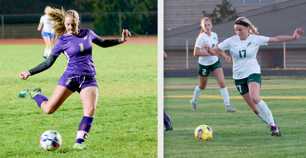 Sequim's Kalli Grove, left, and Port Angeles' Ava-Anne Sheahan, both made the first All-Olympic girls soccer team. (Photos by Michael James and Michael Dashiell)