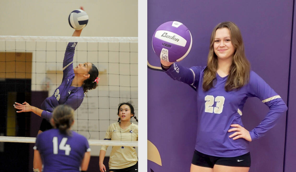 Sequim middle hitter Arianna Stovall made the first team of the All-Olympic squad in volleyball with Libero Tiffany Lam, a second-team member in the background. Stovall consistently led the team in kills this season. Right, Sequim's Kenzi Berglund was named to the first-team All-Olympic squad in volleyball. (Jennie Webber-Heilman)  (Michael Dashiell/Olympic Peninsula News Group)