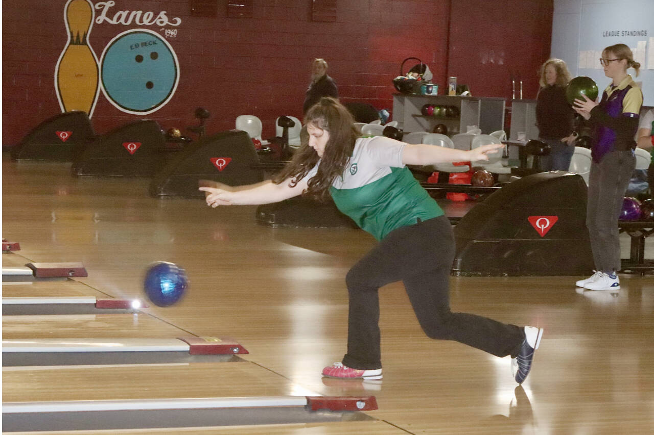 Leilah Franich, of the Port Angeles girls bowling team rolls against rival Sequim on Monday at Laurel Lanes in Port Angeles. (Dave Logan/for Peninsula Daily News)