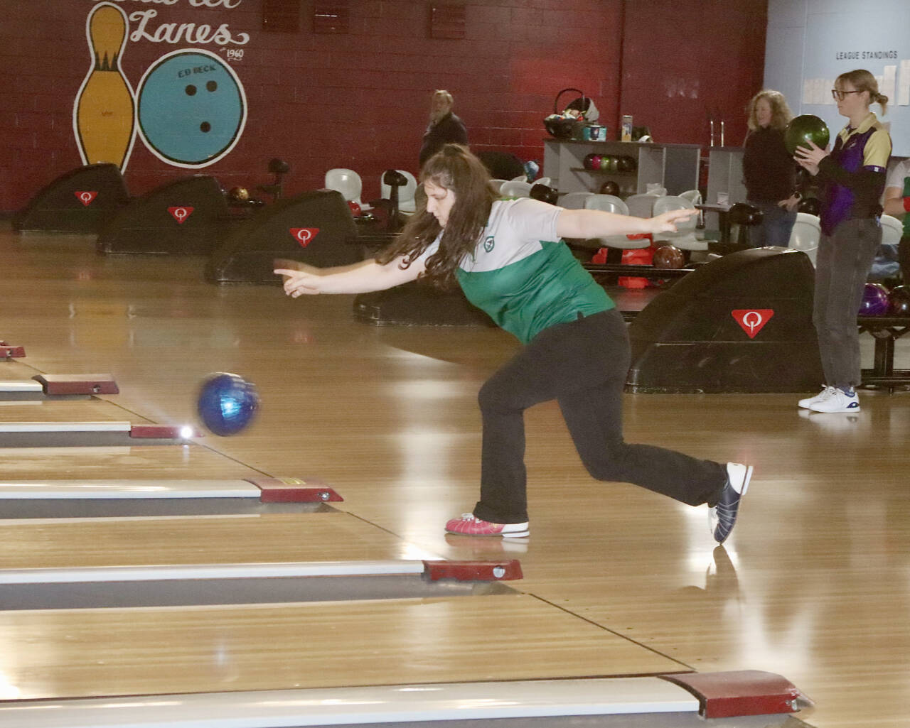 Leilah Franich, of the Port Angeles girls bowling team rolls against rival Sequim on Monday at Laurel Lanes in Port Angeles. (Dave Logan/for Peninsula Daily News)