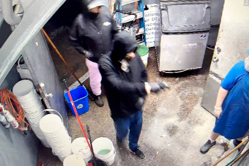 Surveillance footage released by the Clallam County Sheriff’s Office shows a suspect allegedly holding a Frugals employee at gunpoint on Thursday. (Clallam County Sheriff’s Office)