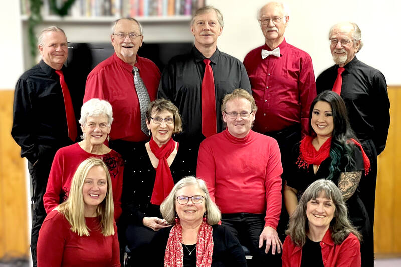 The Wild Rose Chorale will present holiday music and seasonal fare in two concerts, 7 p.m. Friday and 3 p.m. Saturday at Trinity United Methodist Church, 609 Taylor St. Personnel includes (back row, from left) Rolf Vegdahl, Al Thompson, Chuck Helman, Doug Rodgers, Mark Schecter, (middle row) Patricia Nerison, JES Schumacher, Kris Lott, Cherry Chenruk-Geelan, (front row) Sarah Gustner-Hewitt, Lynn Nowak and Leslie Lewis. (Jo Tiffany)