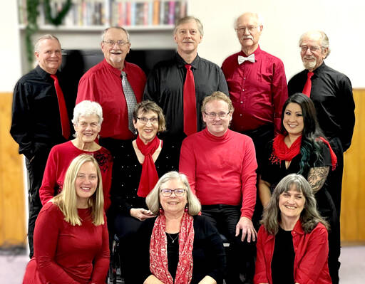 The Wild Rose Chorale will present holiday music and seasonal fare in two concerts, 7 p.m. Friday and 3 p.m. Saturday at Trinity United Methodist Church, 609 Taylor St. Personnel includes (back row, from left) Rolf Vegdahl, Al Thompson, Chuck Helman, Doug Rodgers, Mark Schecter, (middle row) Patricia Nerison, JES Schumacher, Kris Lott, Cherry Chenruk-Geelan, (front row) Sarah Gustner-Hewitt, Lynn Nowak and Leslie Lewis. (Jo Tiffany)