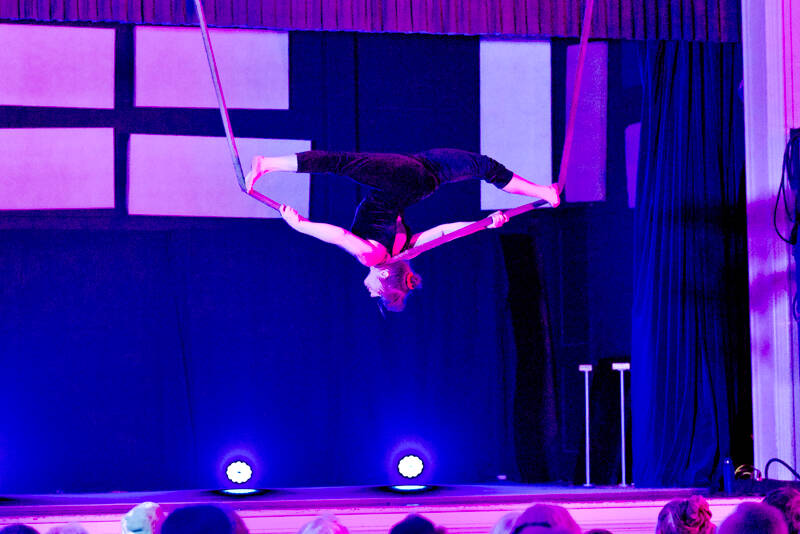 A member of the First Night Circus performs her routine at the American Legion Hall in Port Townsend during the First Night activities produced by the Production alliance on New Year’s Eve. (Steve Mullensky/for Peninsula Daily News)