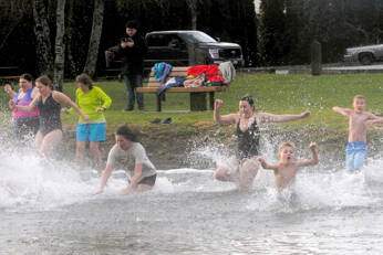 About 20 people took to the waters of Lake Pleasant on New Year’s morning at the Clallam County park during the Polar Bear plunge. (Lonnie Archibald/for Peninsula Daily News)