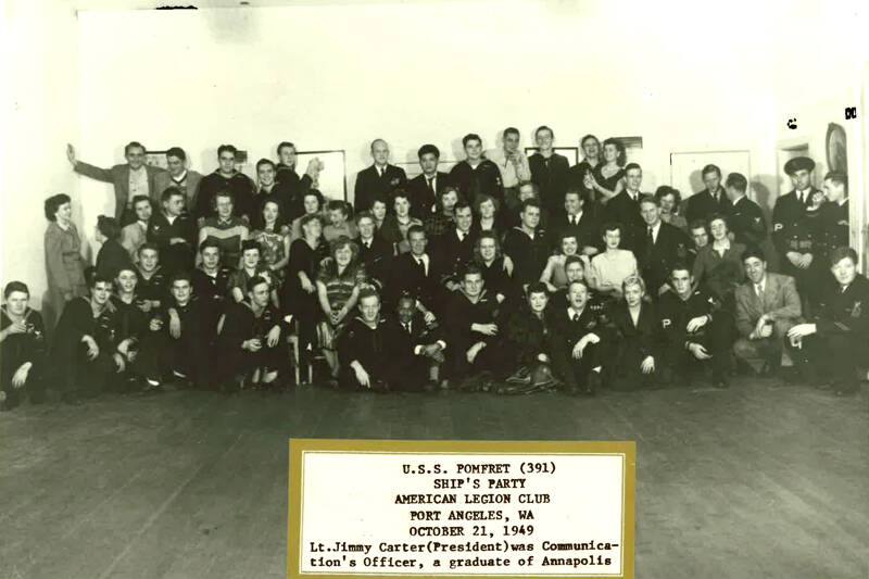 Crew members from the USS Pomfret, including Lt. Jimmy Carter, who would go on to become the 39th president of the United States, visit the Elks Lodge in Port Angeles in October 1949. (Beegee Capos)