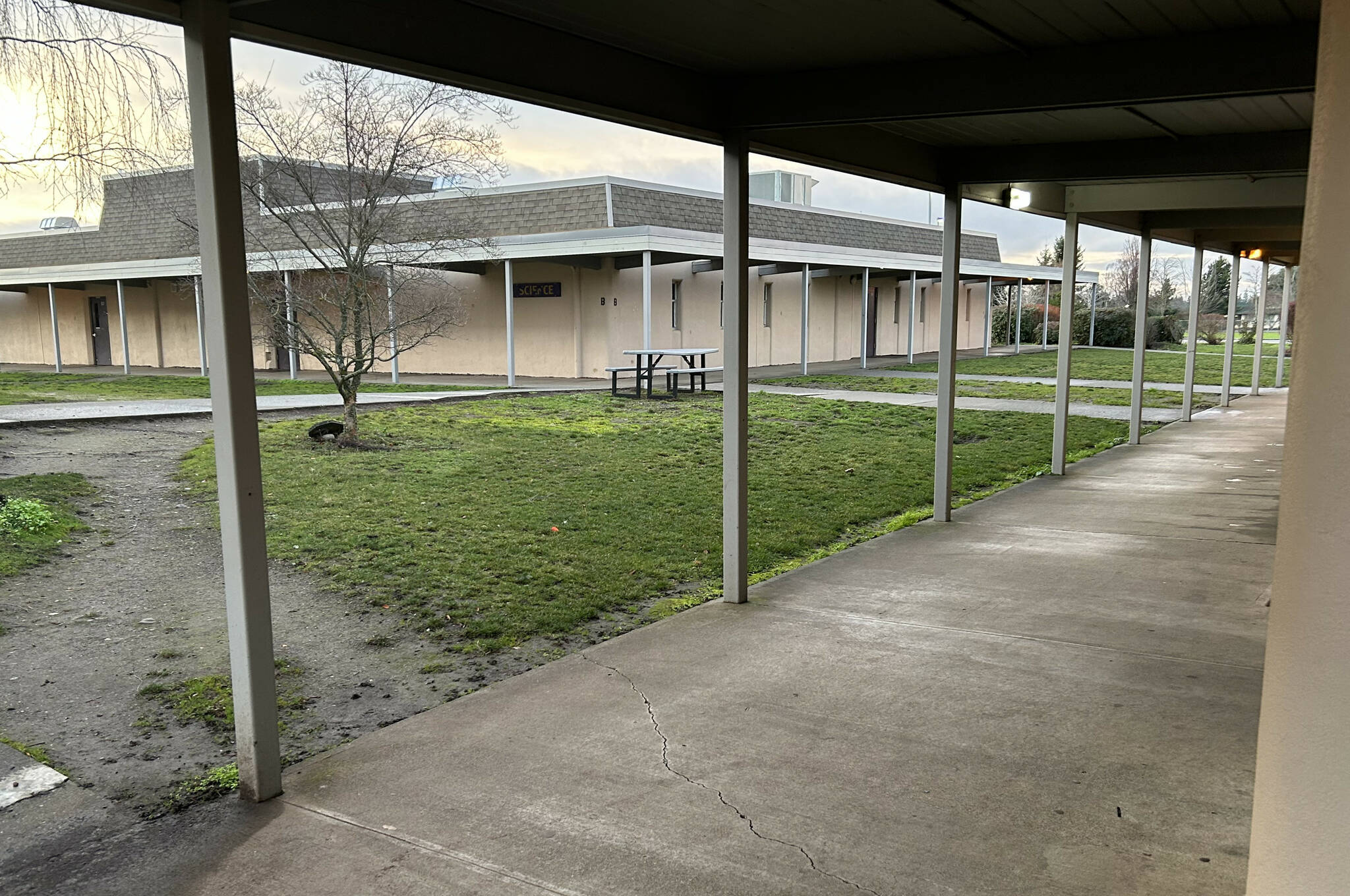 If a construction bond is approved, Sequim High School’s open campus could be enclosed to increase safety and update the older facility, Sequim School District staff said. (Matthew Nash/Olympic Peninsula News Group)