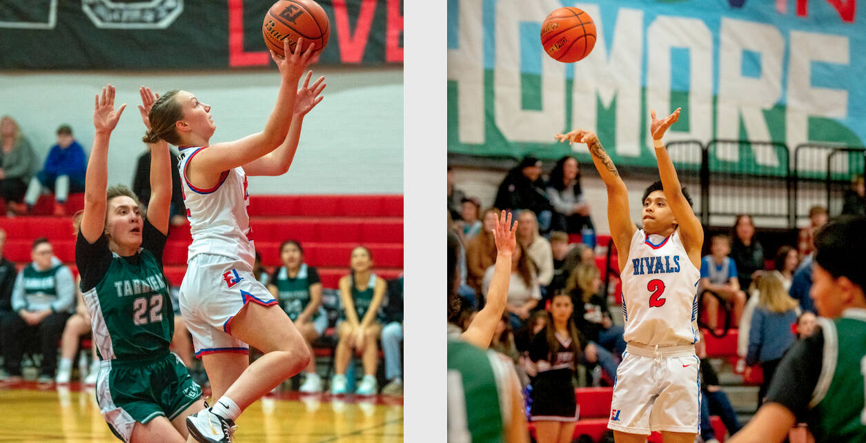 East Jefferson's Kaydence Plotner drives for a basket against Charles Wright on Monday. Plotner had 18 points and 12 steals. East Jefferson's John Mercado (2) shoots against Charles Wright. Mercado hit three 3-pointers and scored 16 in a Rivals' victory.  (Photos by Steve Mullensky/for Peninsula Daily News)