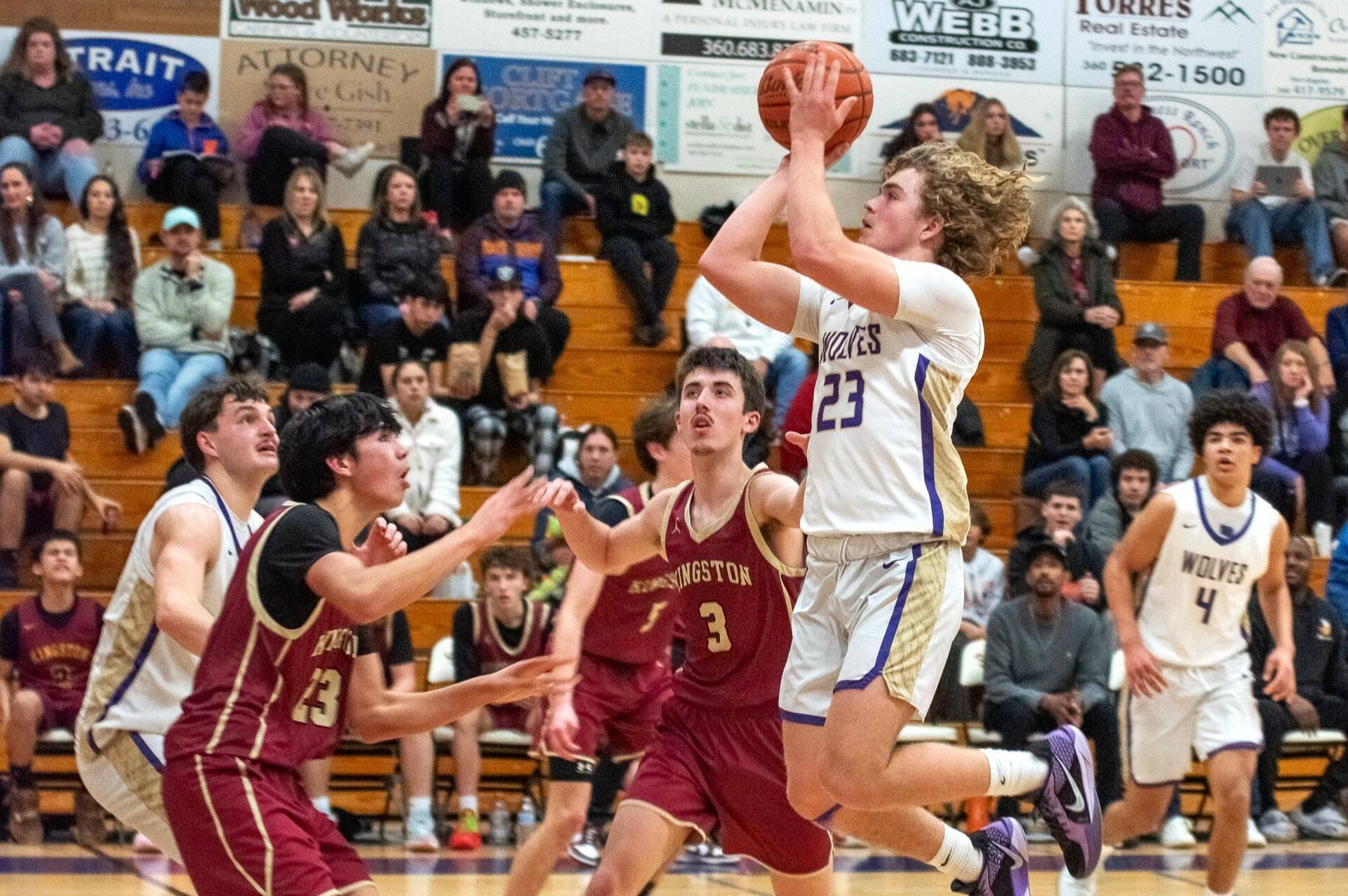 Sequim's Zeke Schmadeke (23) goes up for a shot against Kingston on Friday. (Emily Matthiessen/Olympic Peninsula News Group)