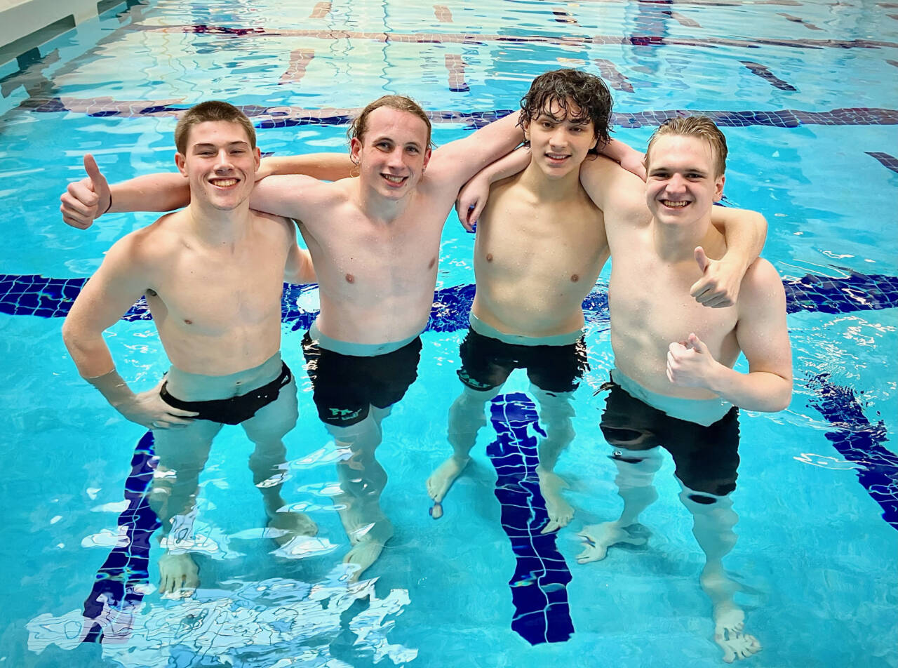 From left, the Port Angeles 200 medley relay team of Finn Thompson, Miles Van Denburg, Nolan Medgin and Thomas Jones finished second at the Swimvitational and qualified for the state 2A swim meet. (Sally Cole)