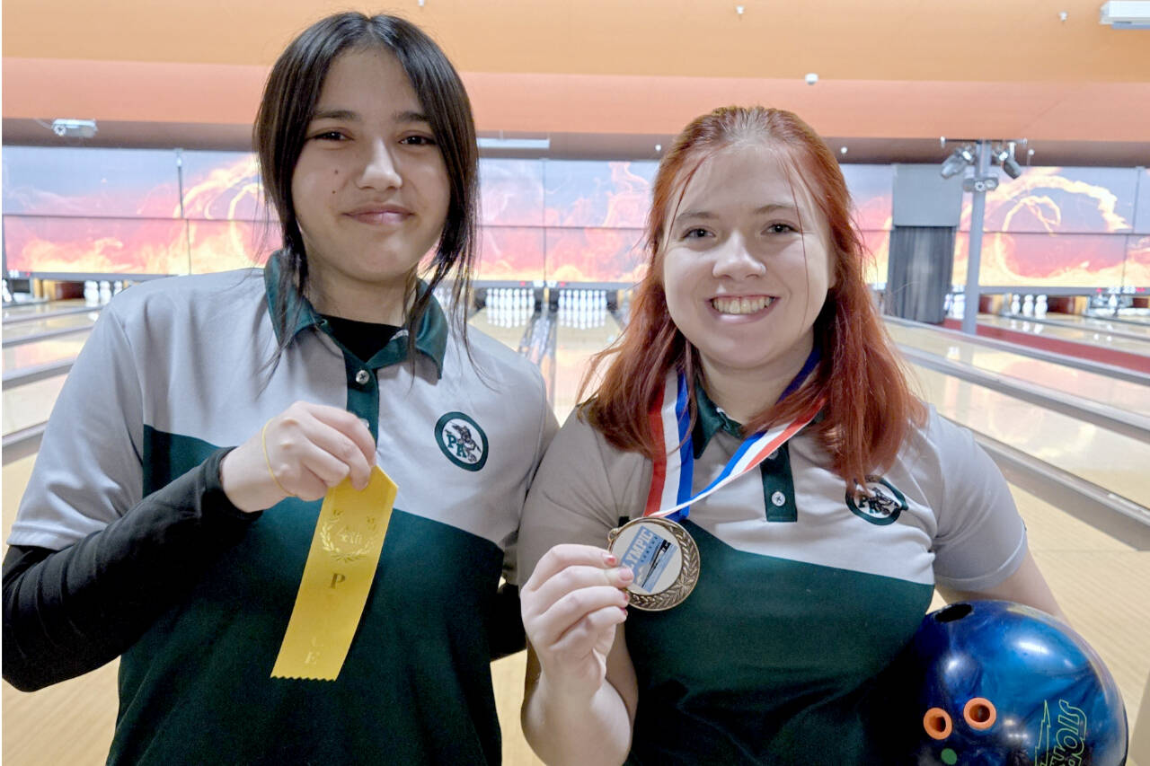 Port Angeles Bowling
Port Angeles bowlers Zoey Van Gordon, right, and Xoey Penn finished third and fourth respectively, at the Olympic League Bowling Tournament. The pair will bowl at the district tournament Feb. 1 in Lakewood.