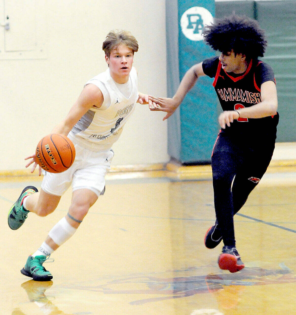 FILE PHOTO: Port Angeles’ Gus Halberg connected on nine 3-pointers and scored 46 points in the Roughriders win over Olympic on Friday. Keith Thorpe/Peninsula Daily News