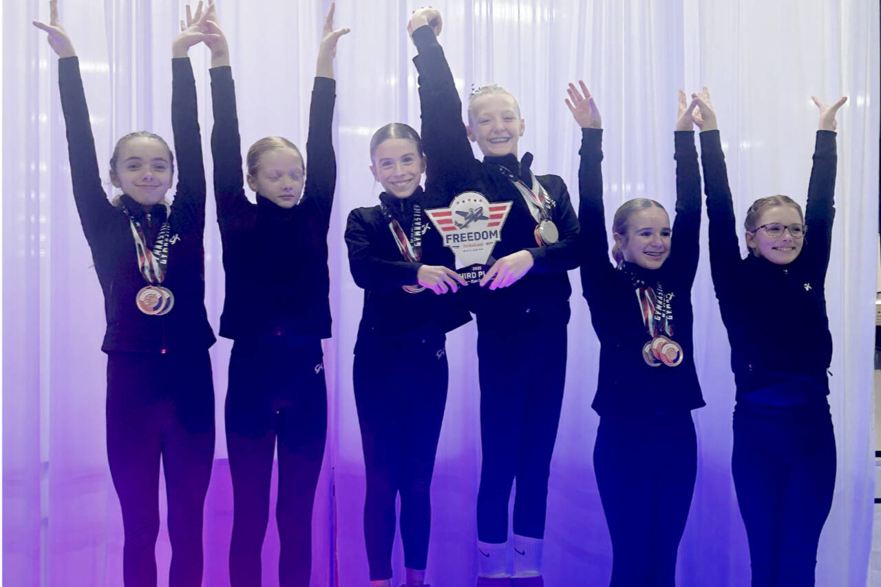 The Klahhane Gymnastics Xcel Bronze team took second at the Freedom Invitational in Bremerton this weekend. The Bronze team members are Sasha Gmazel, Lucy Monaghan, Adrie McGuire, Reagan Haguewood, Penny Goodwin, Kinley Matthews, Addie Brown and Nora Pecoraro. (Klahhane Gymnastics)