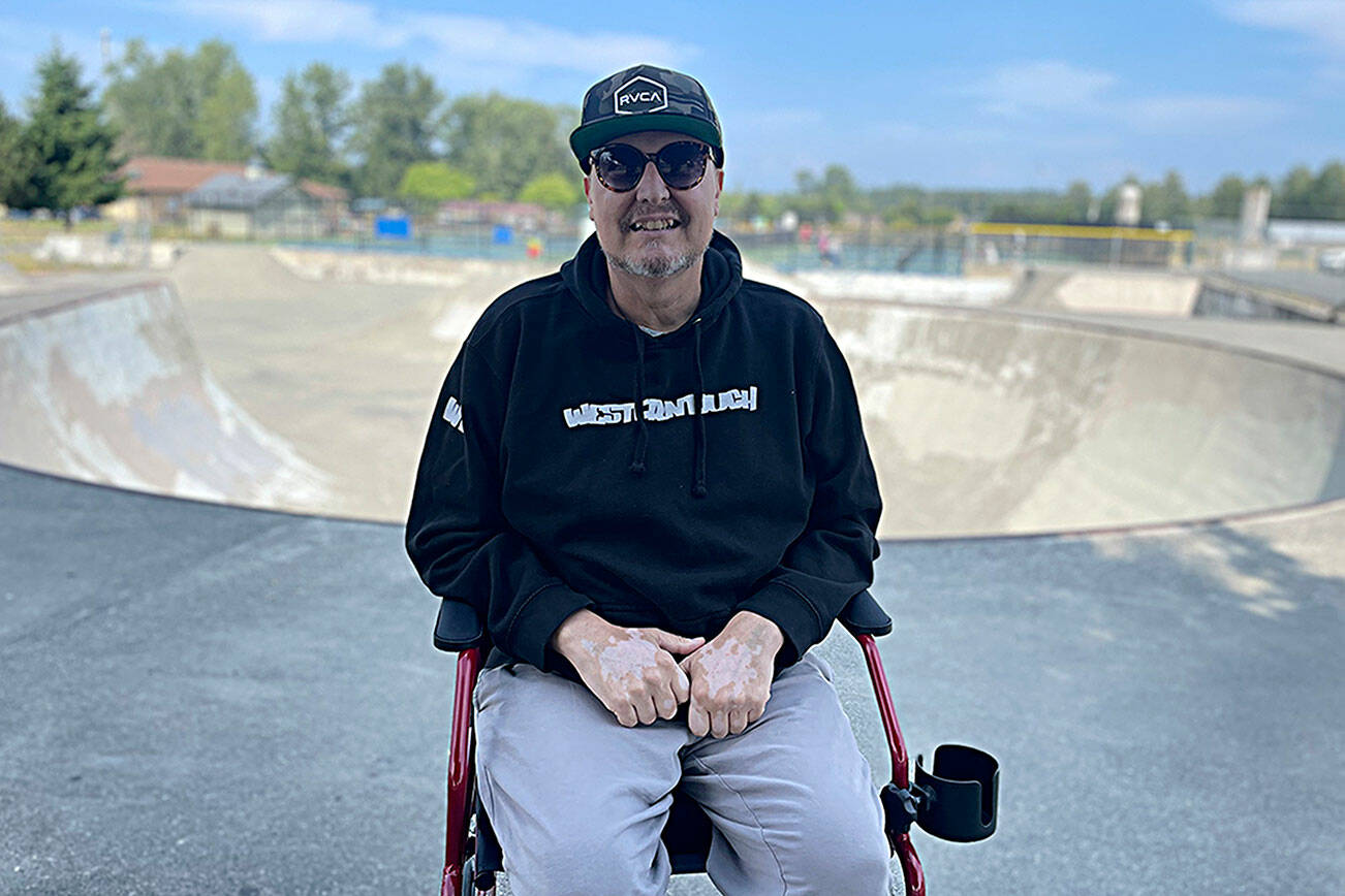 Mark Simpson sits atop the Sequim Skate Park in July 2023 where he had skated for years and advocated for its expansion. Community members rallied to support him and his family through the next year as he battled cancer. He died in April 2024. Sequim Mayor Brandon Janisse has proposed naming the skate park after him for his years of dedication to skating, the park and children. (Matthew Nash/Olympic Peninsula News Group, file)