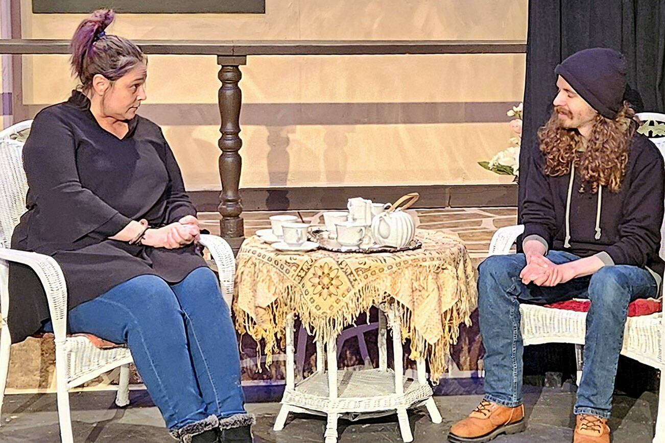 Anna Andersen, left, and Sean McDaniel, both of Port Angeles, rehearse for “Enchanted April,” a Port Angeles Community Players production that will be on stage through March 9.