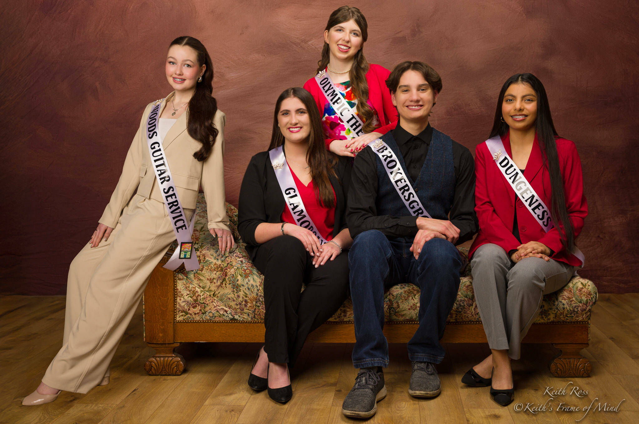 Contestants for the 130rd Sequim Irrigation Festival’s royalty court include, from left, Roxy Woods, Glenna Cary, Lily Tjemsland, Malachi Byrne and Joanna Morales. The pageant will be at 6 p.m. Saturday at Sequim High School’s auditorium. (Keith Ross, Keith’s Frame of Mind)