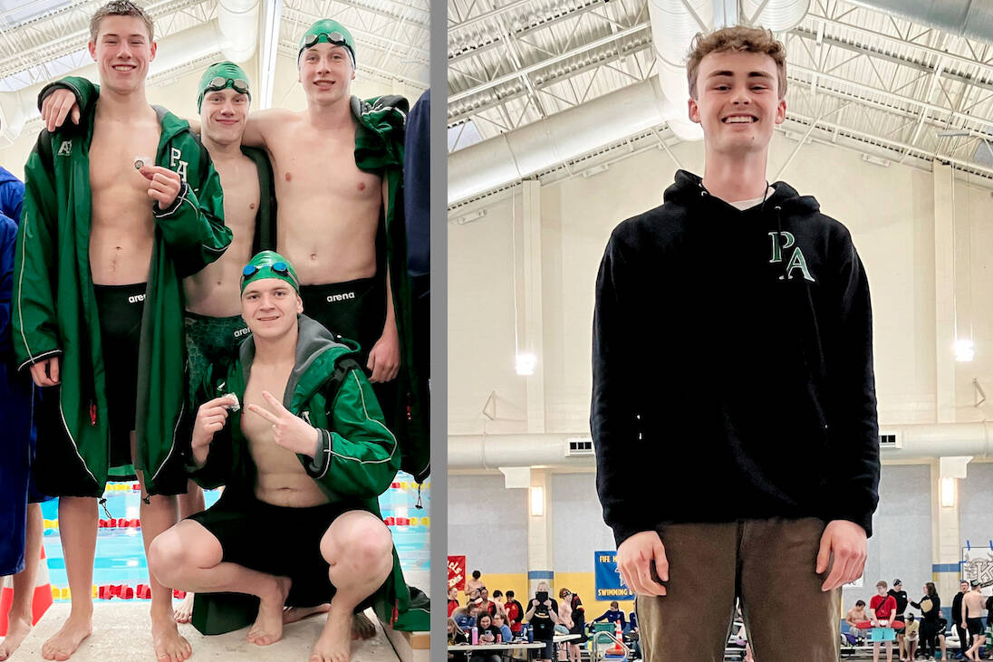 Left, the Port Angeles boys 200 freestyle relay team came in second at the West Central District III championships this weekend. Clockwise from top left are Finn Thompson, Patrick Ross, Miles Van Denburg and Thomas Jones. At right, Port Angeles’ Grant Butterworth won the West Central District III diving championship this weekend. (Port Angeles Swim Team)