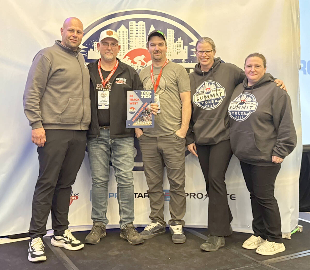 TULSA, Okla. — This past weekend, members of the Lincoln Park BMX traveled to Tulsa, Okla., for the track operator summit and Lincoln Park received an award for being the No. 8 track out of 115 tracks on the West Coast. From left, are Cody Wilson Director of Track Operations USABMX, Sean Coleman, president/track operator of Lincoln Park BMX; Tommy Schroeder, volunteer and coach; Tami Baeder, volunteer registration lead; and Nichole Beal, Lincoln Park vice president and volunteer.